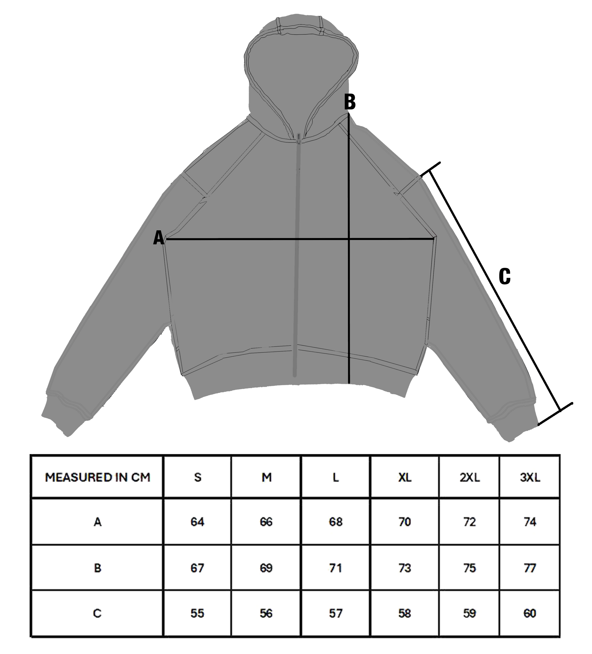 Size chart for KEY GRAVEYARD ZIP UP