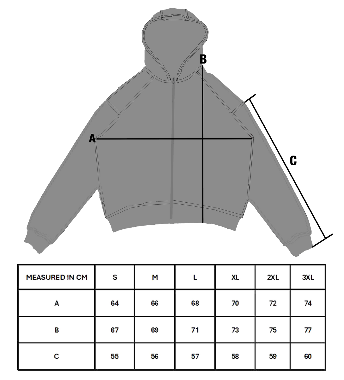 Size chart for SWORD HILL ZIP-UP