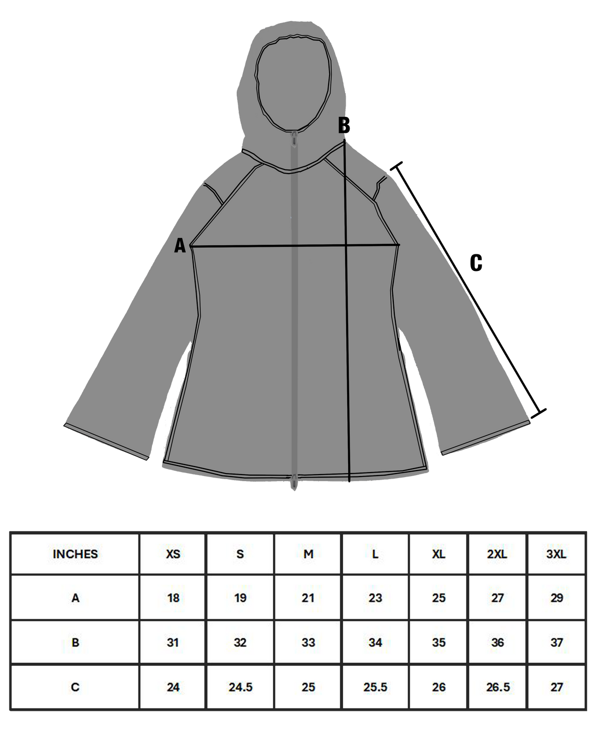 Size chart for V2 ORG XIII ZIP UP