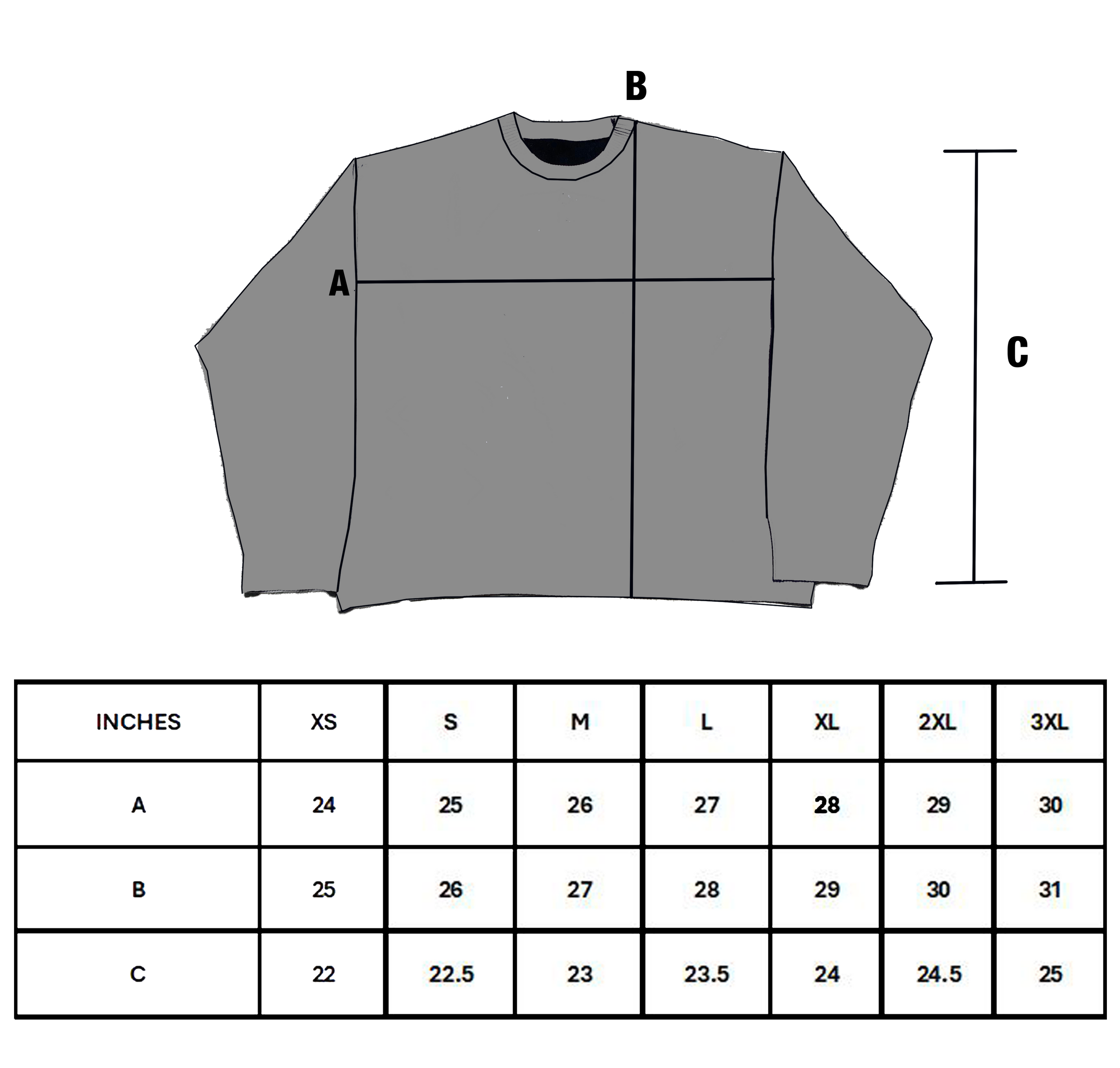Size chart for PANDA BASEBALL TEE