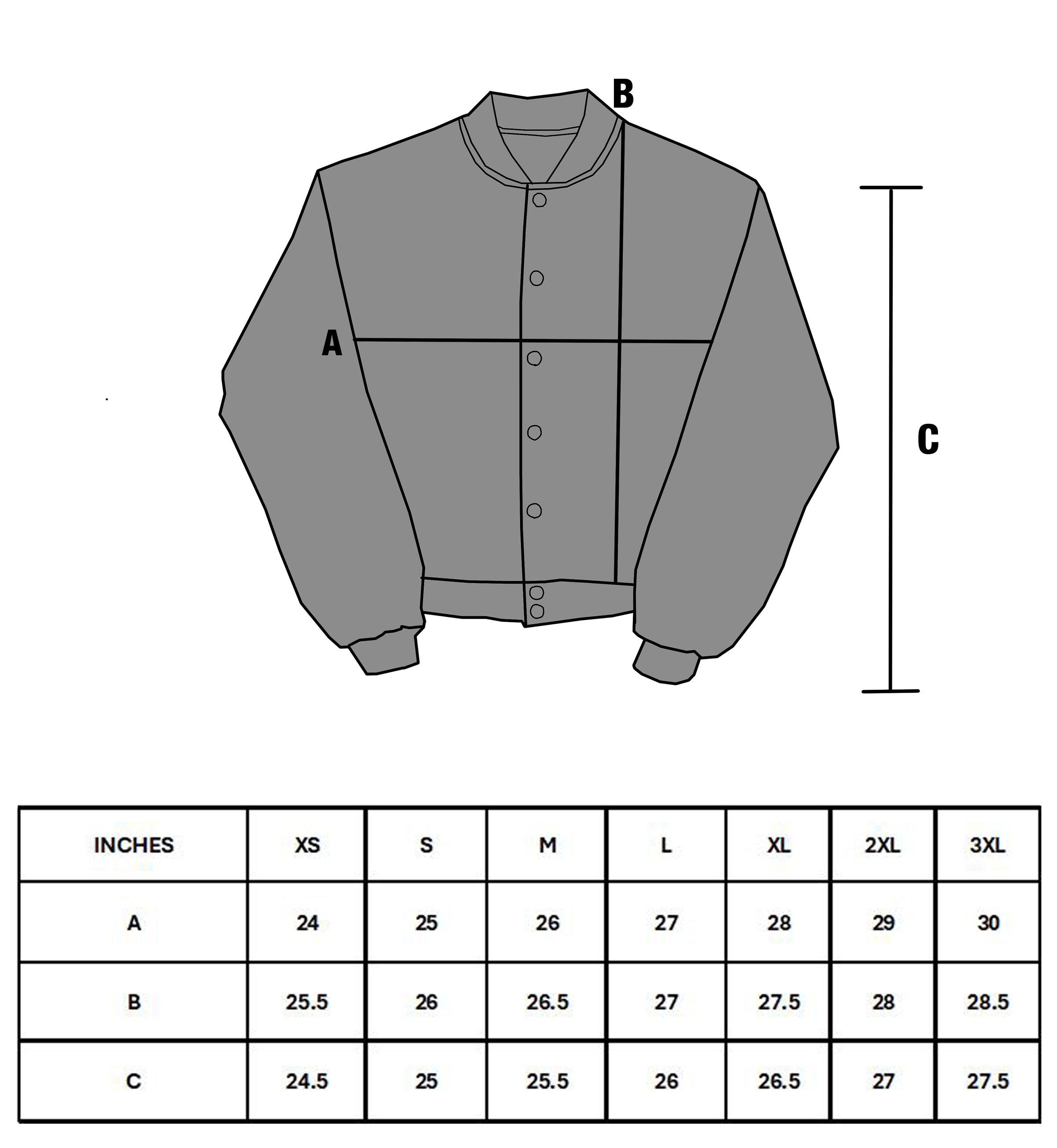 Size chart for SPIRIT READER VARSITY JACKET