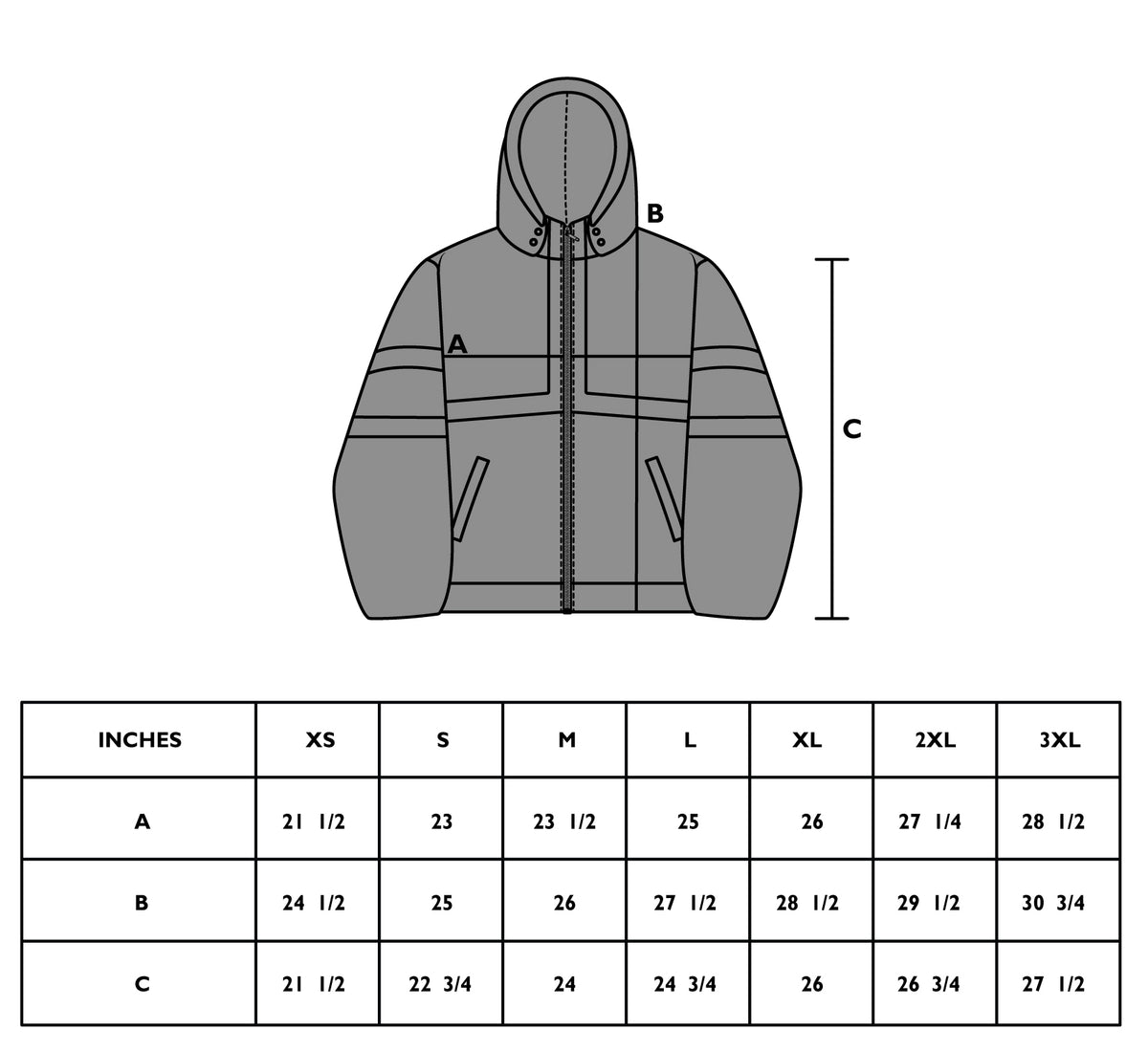 Size chart for WARRIOR FLEECE JACKET