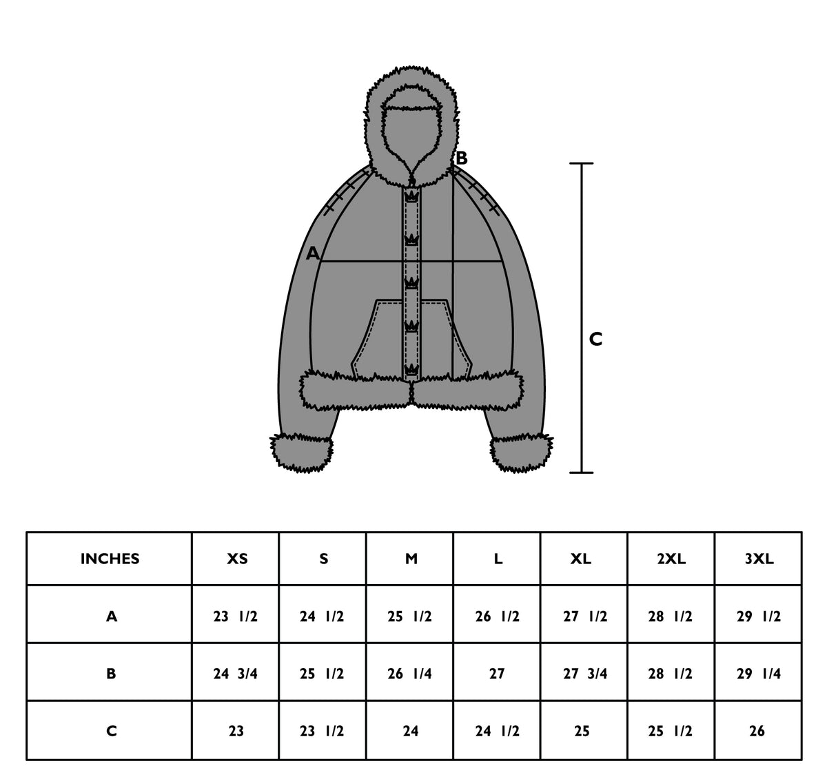 Size chart for CT FUR ZIP UP