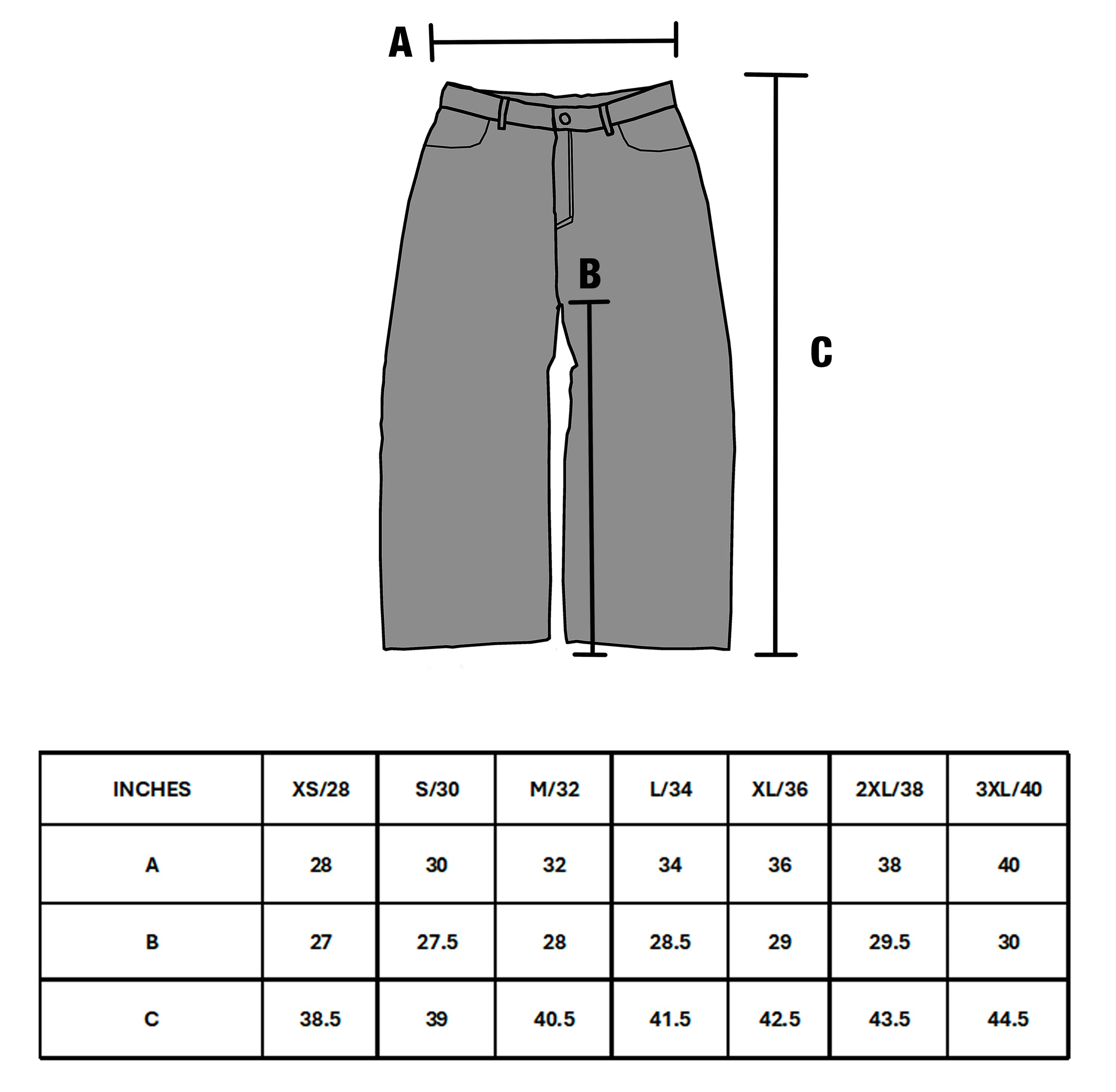 Size chart for SEEKER OF DARKNESS 3 DENIM