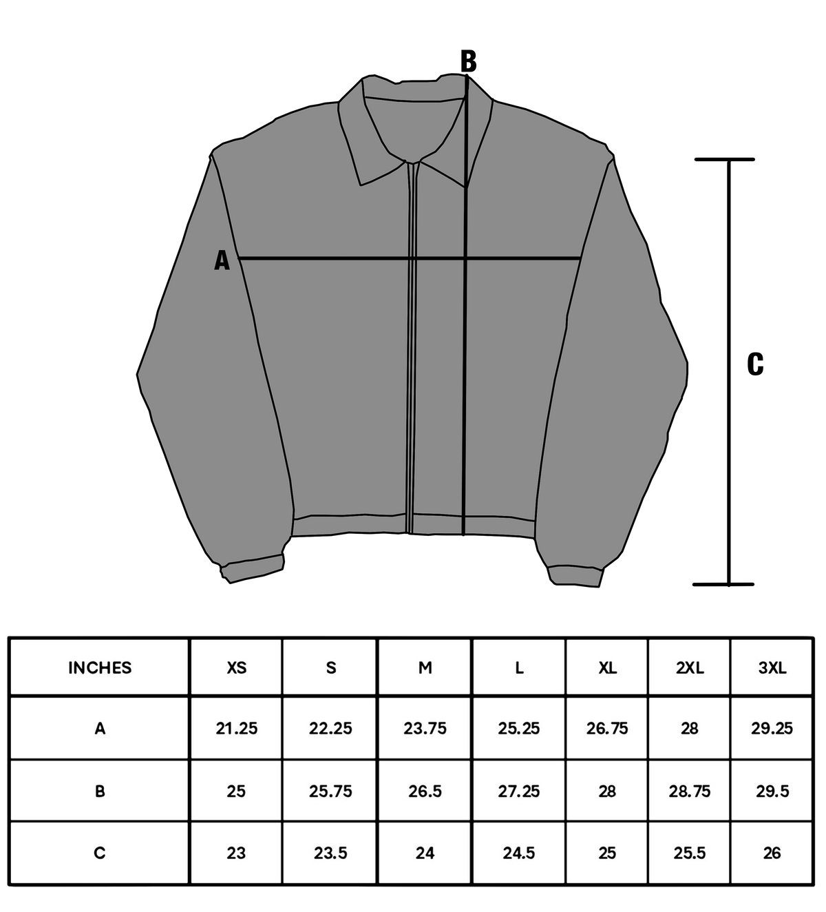 Size chart for KEY OF DESTINY RACING JACKET