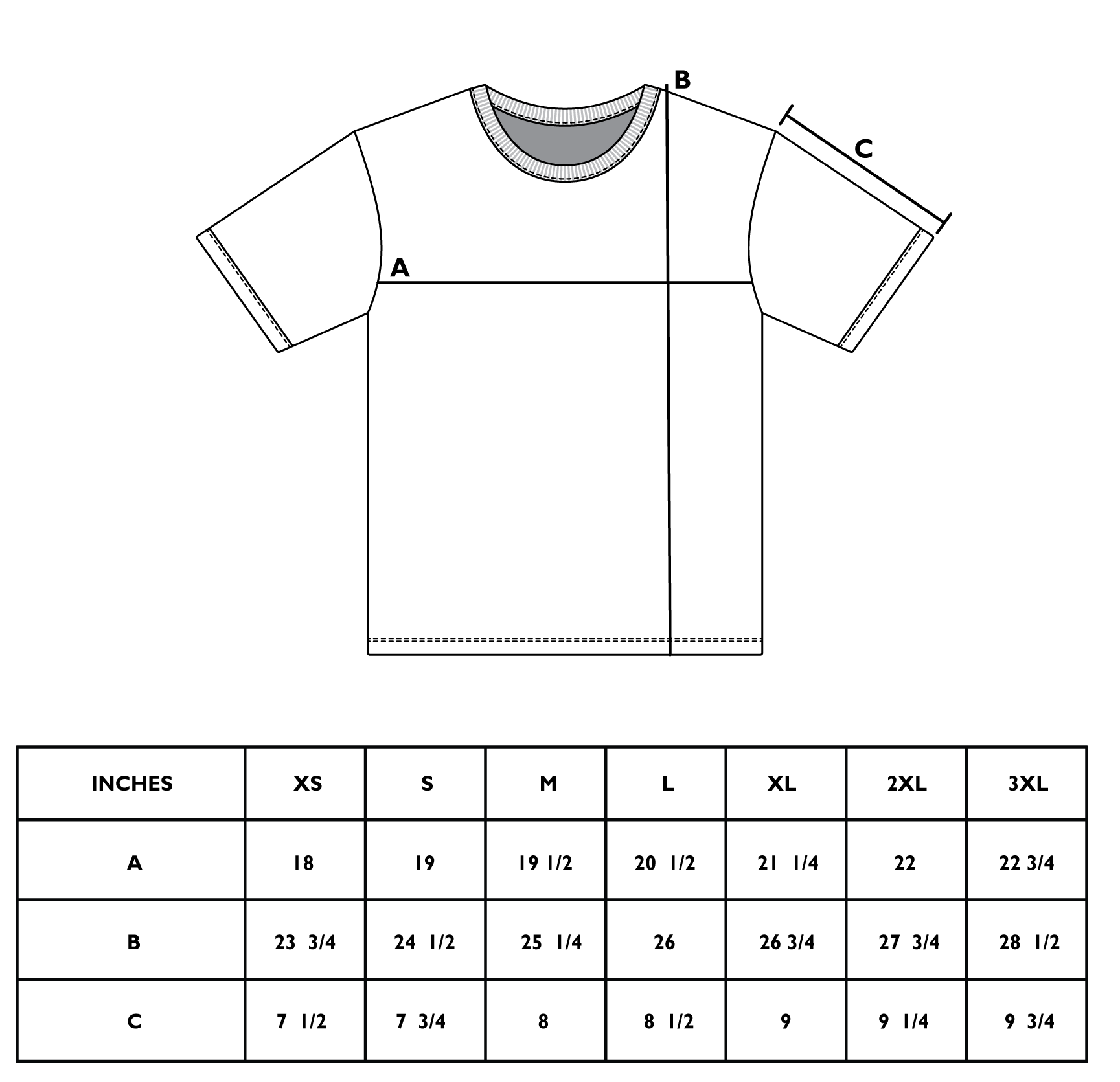 Size chart for AERIAL ASSAULT TEE