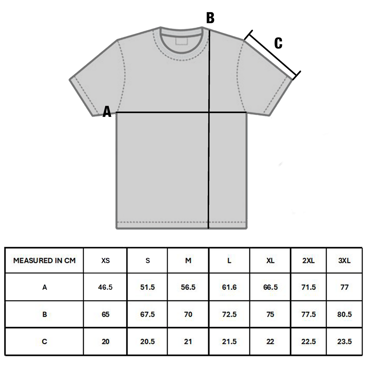 Size chart for KEY OF DESTINY PJ TEE